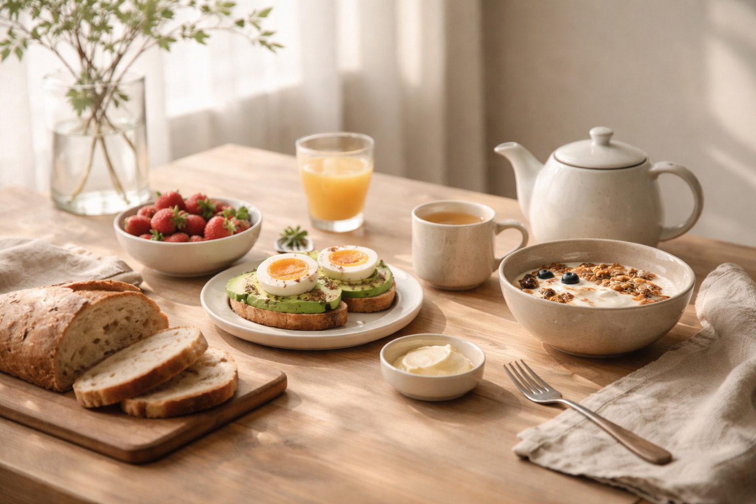 peaceful breakfast table with simple fresh foods, natural morning light, calm wellness atmosphere, minimal styling, soft focus
