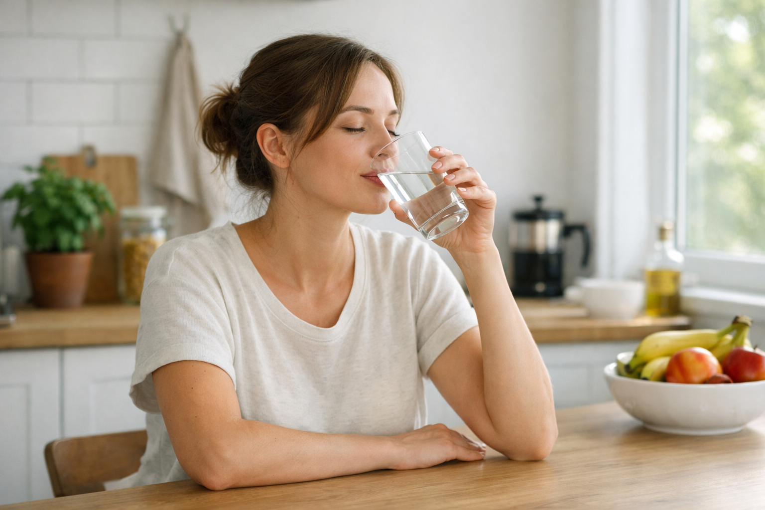 person drinking water from glass in calm kitchen setting, natural daylight, simple healthy lifestyle moment, relaxed atmosphere